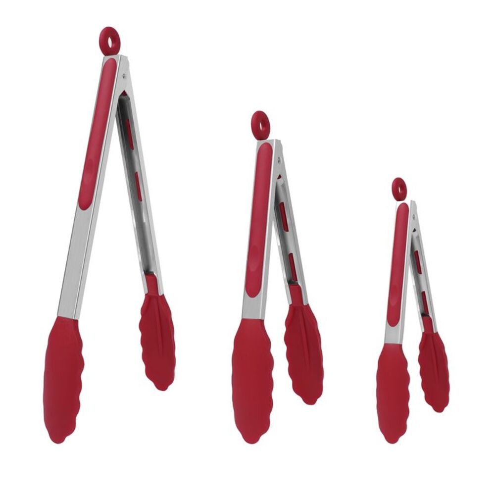 3pcs Silicone Tip Stainless Steel Locking Tong Set - 7" & 9" & 12" Burgundy